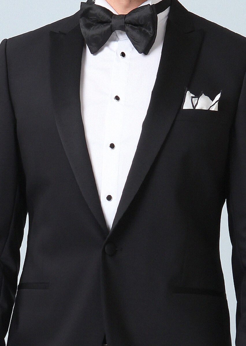 Black Plain Fashion Slim Fit Double Breasted Collar Weaving Tuxedo - 2