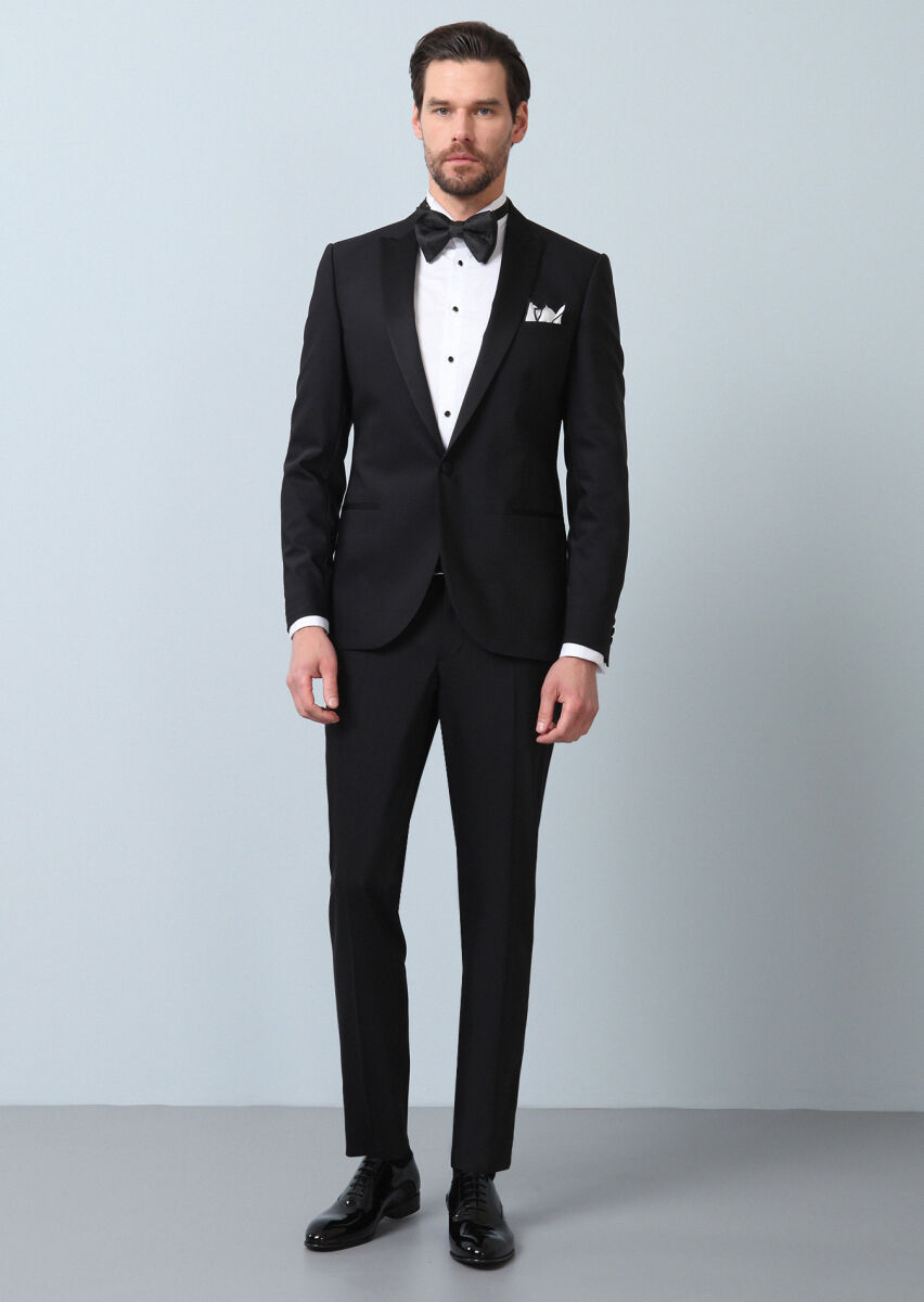Black Plain Fashion Slim Fit Double Breasted Collar Weaving Tuxedo - 3