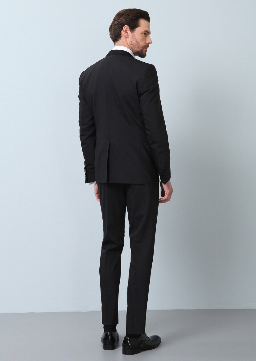 Black Plain Fashion Slim Fit Double Breasted Collar Weaving Tuxedo - 6