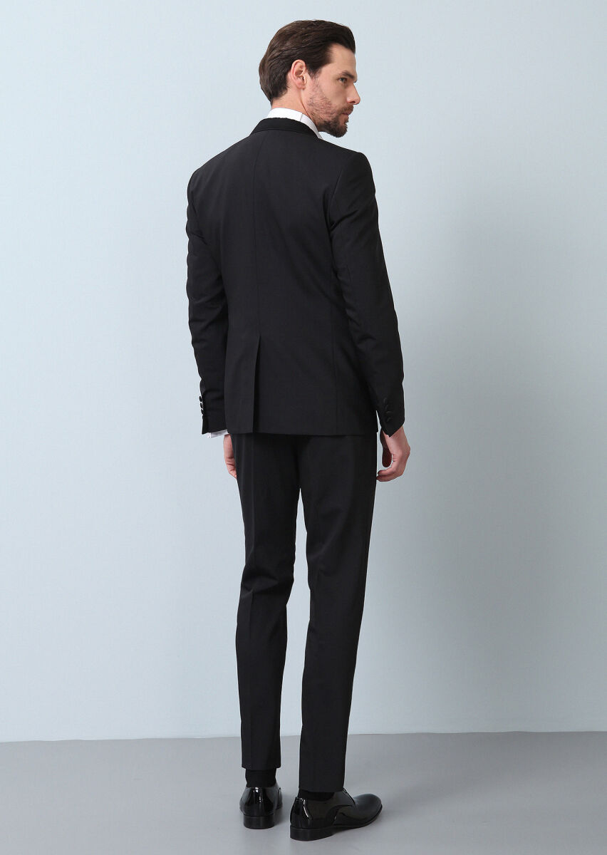 Black Plain Fashion Slim Fit Double Breasted Collar Weaving Tuxedo - 6