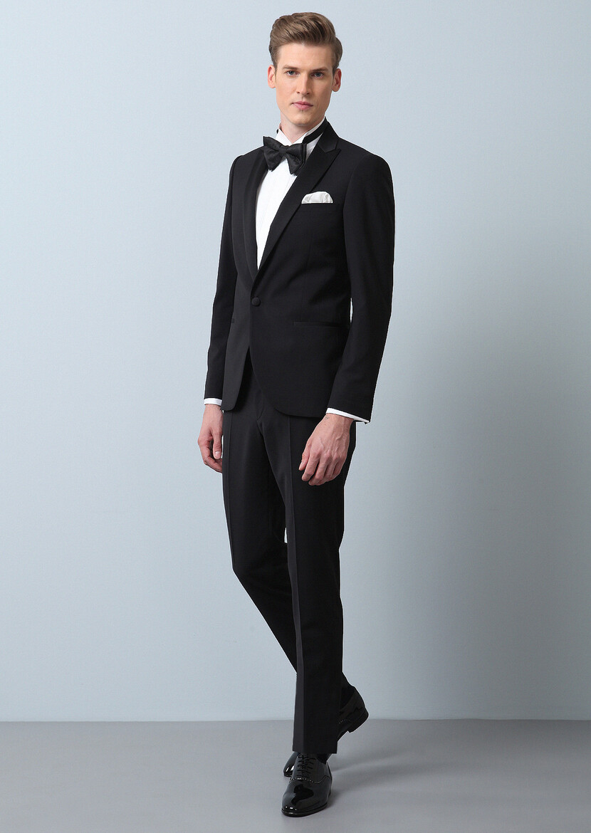 Black Plain Fashion Slim Fit Double Breasted Collar Weaving Tuxedo - 2