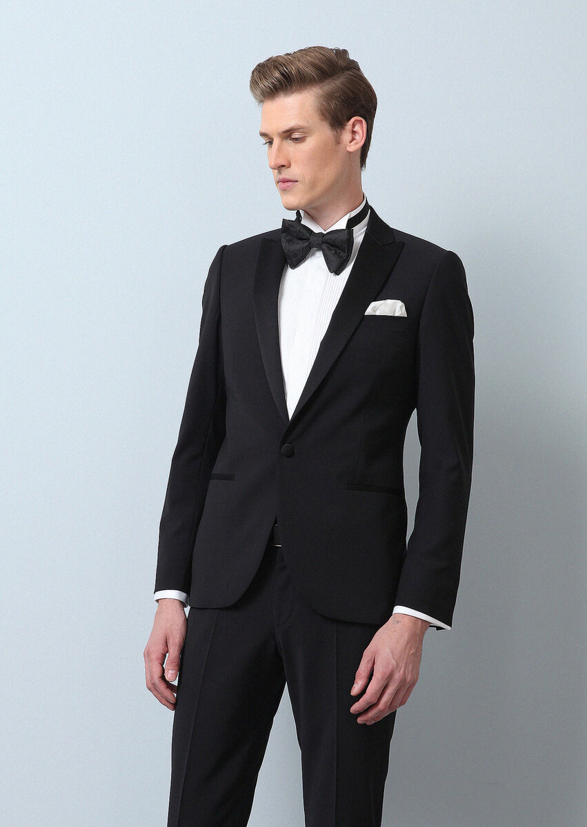 Black Plain Fashion Slim Fit Double Breasted Collar Weaving Tuxedo - 4