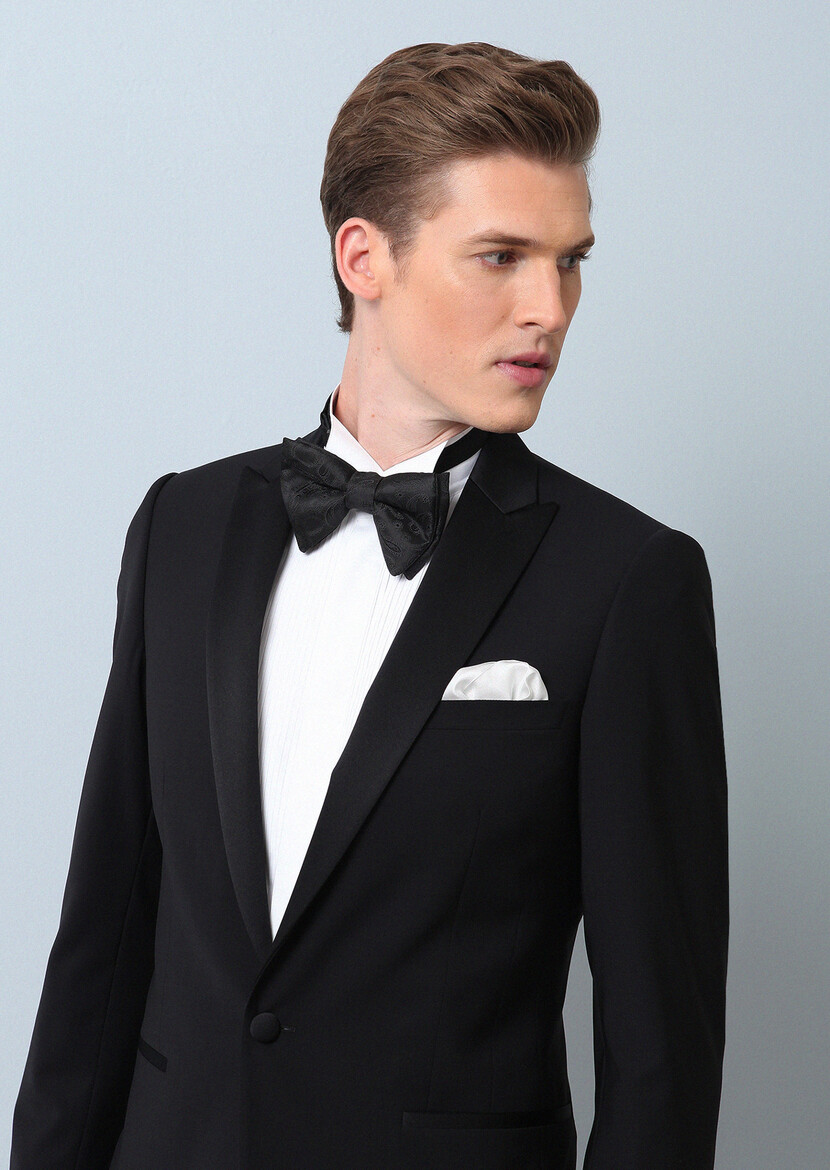 Black Plain Fashion Slim Fit Double Breasted Collar Weaving Tuxedo - 6