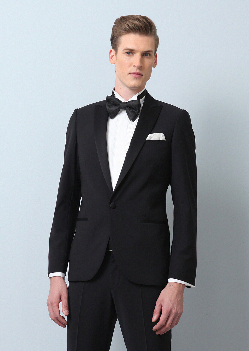 Black Plain Fashion Slim Fit Double Breasted Collar Weaving Tuxedo - 8