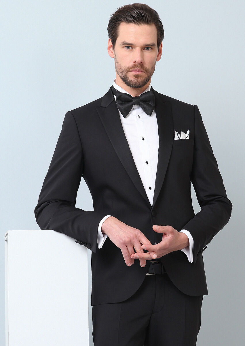 Black Plain Fashion Slim Fit Double Breasted Collar Weaving Tuxedo - 1