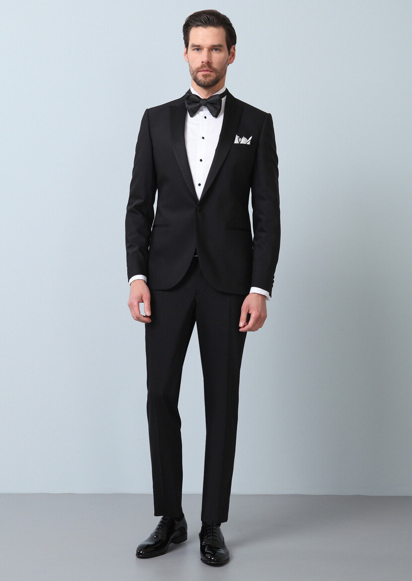 Black Plain Fashion Slim Fit Double Breasted Collar Weaving Tuxedo - 5