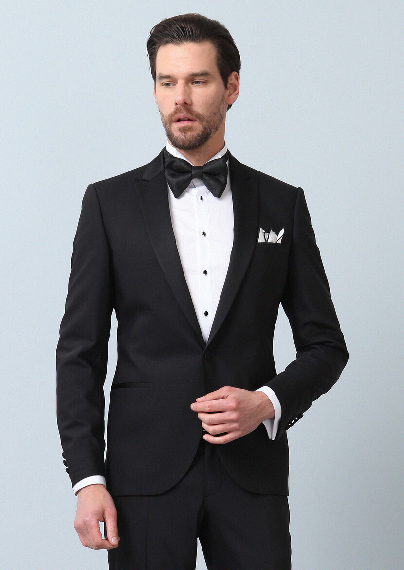 Black Plain Fashion Slim Fit Double Breasted Collar Weaving Tuxedo - 7