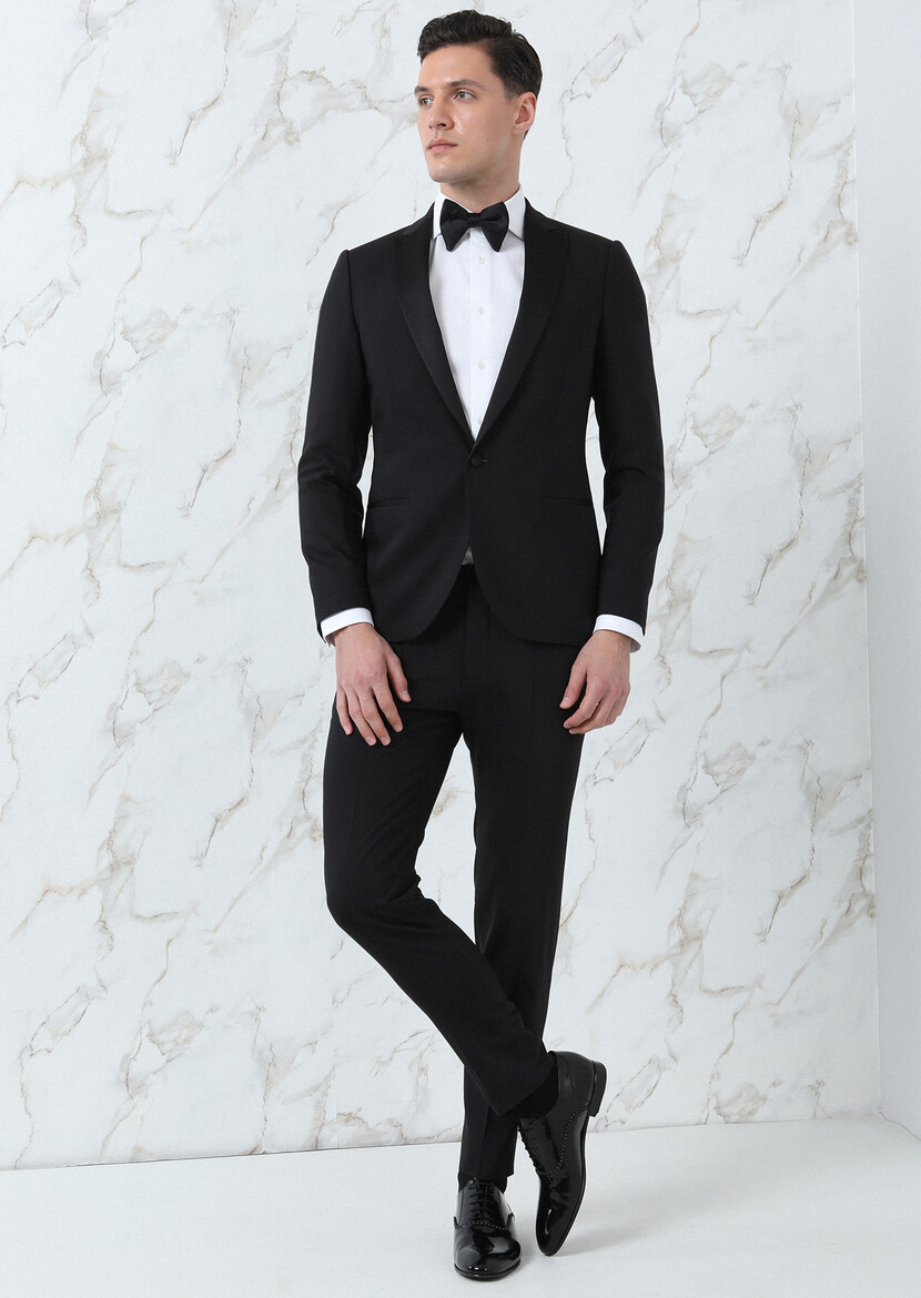 Black Plain Fashion Slim Fit Double Breasted Collar Weaving Tuxedo - 1