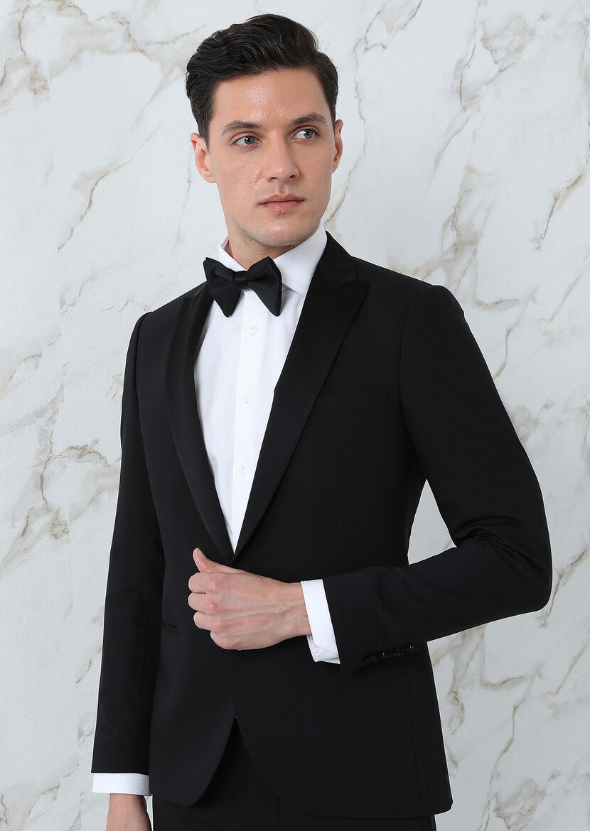 Black Plain Fashion Slim Fit Double Breasted Collar Weaving Tuxedo - 2