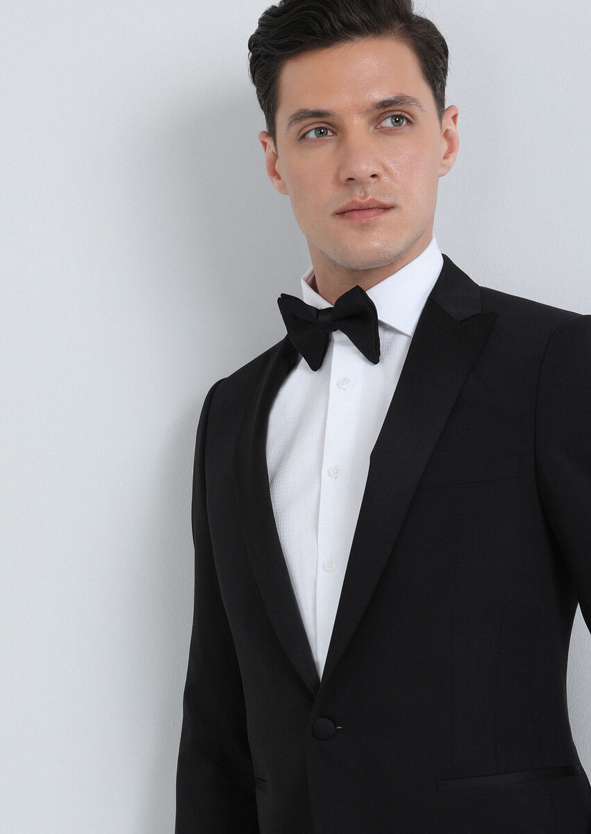 Black Plain Fashion Slim Fit Double Breasted Collar Weaving Tuxedo - 3