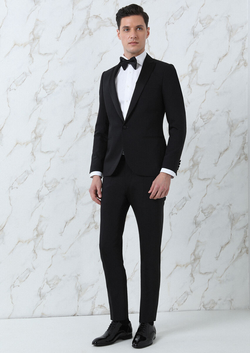 Black Plain Fashion Slim Fit Double Breasted Collar Weaving Tuxedo - 4