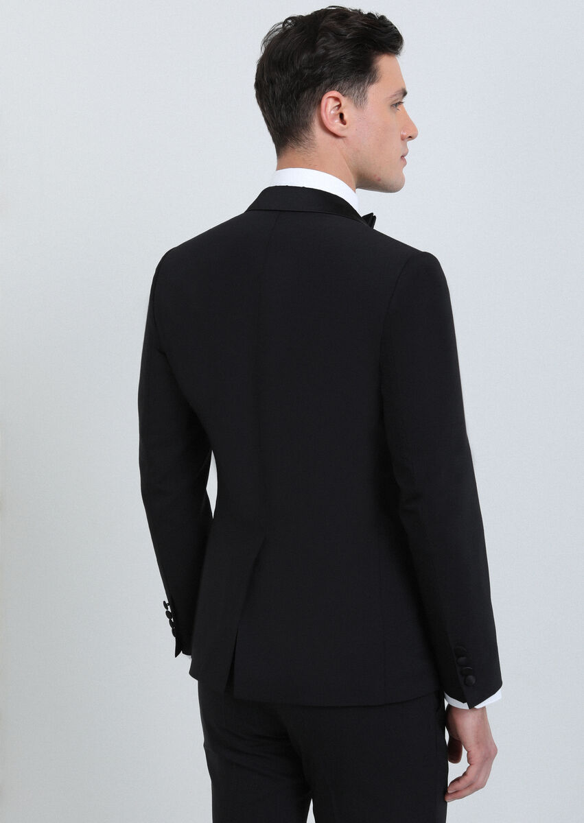 Black Plain Fashion Slim Fit Double Breasted Collar Weaving Tuxedo - 5