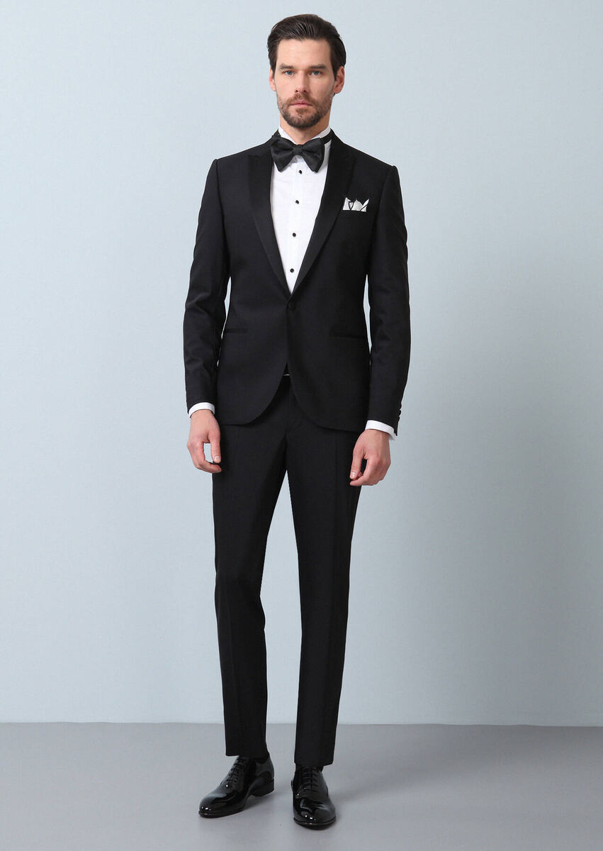 Black Plain Fashion Slim Fit Double Breasted Collar Weaving Tuxedo - 1