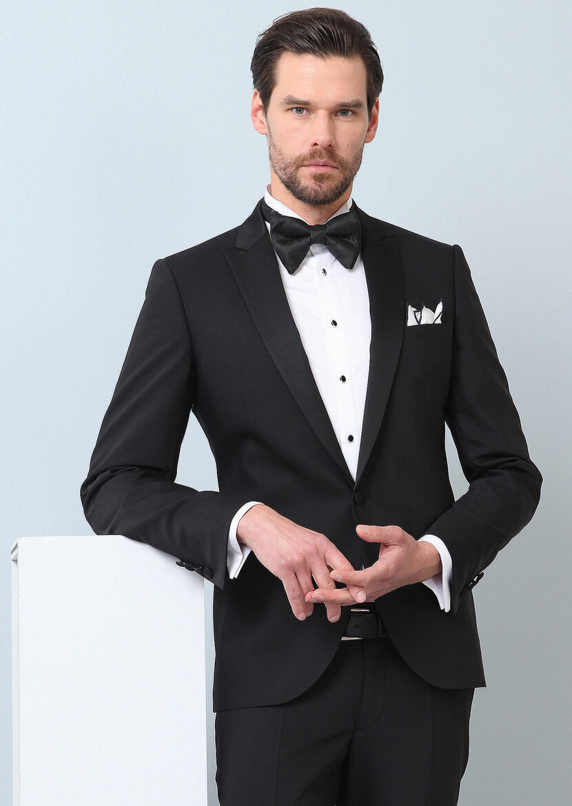 Black Plain Fashion Slim Fit Double Breasted Collar Weaving Tuxedo - 2