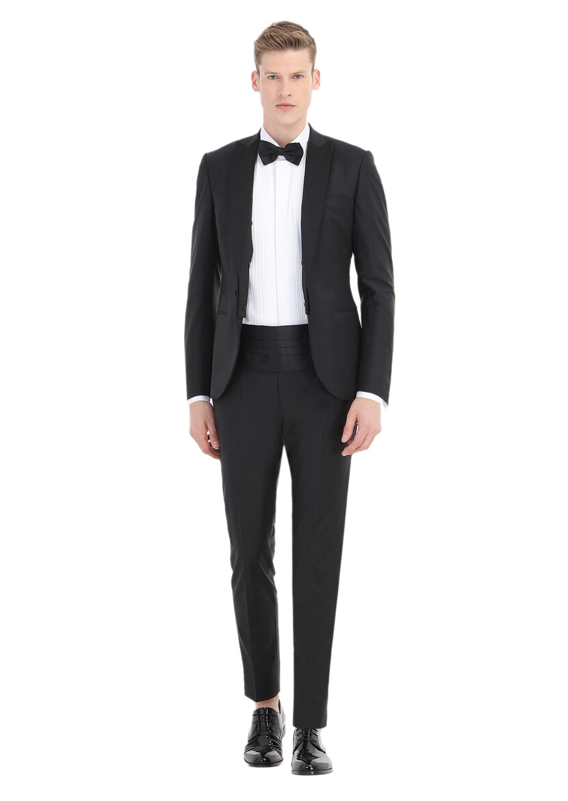 Black Plain Fashion Slim Fit Double Breasted Collar Weaving Tuxedo - 1