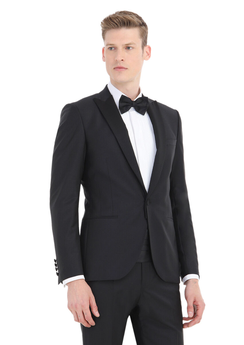 Black Plain Fashion Slim Fit Double Breasted Collar Weaving Tuxedo - 2