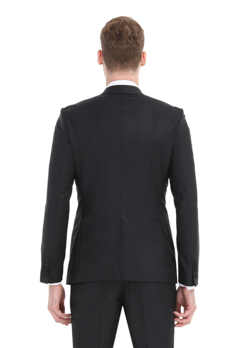 Black Plain Fashion Slim Fit Double Breasted Collar Weaving Tuxedo - 5