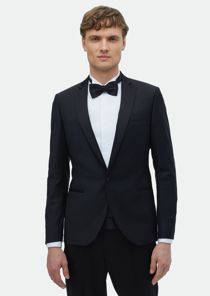 Black Plain Fashion Slim Fit Double Breasted Collar Weaving Tuxedo - 1