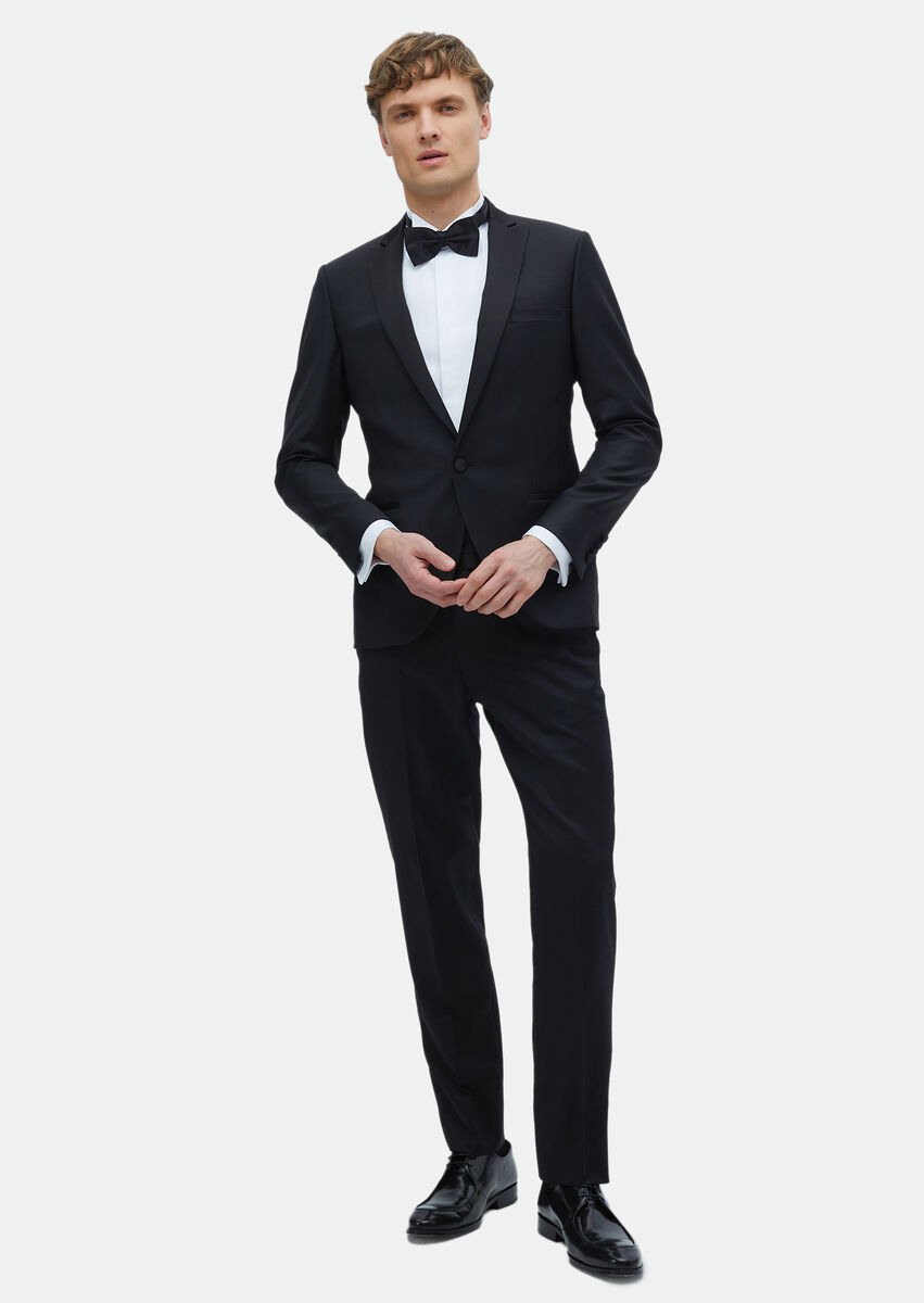 Black Plain Fashion Slim Fit Double Breasted Collar Weaving Tuxedo - 2