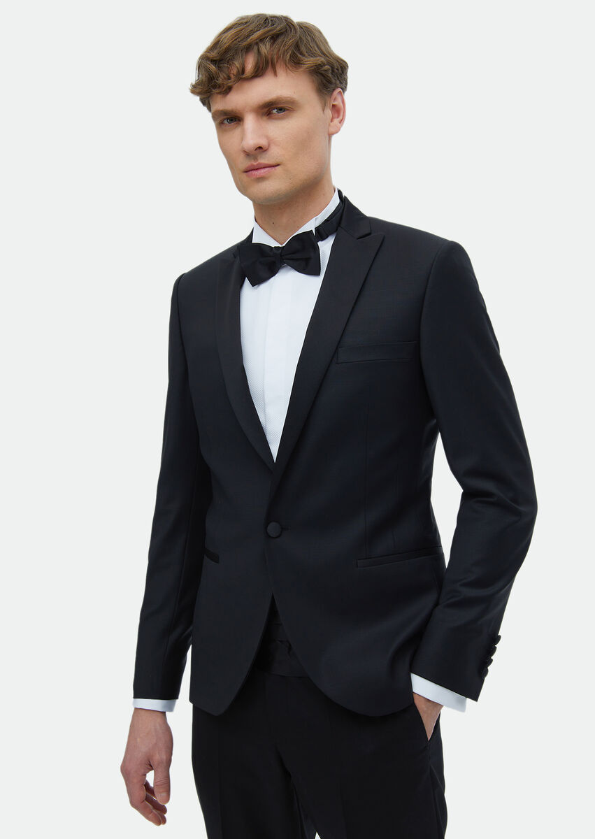 Black Plain Fashion Slim Fit Double Breasted Collar Weaving Tuxedo - 3