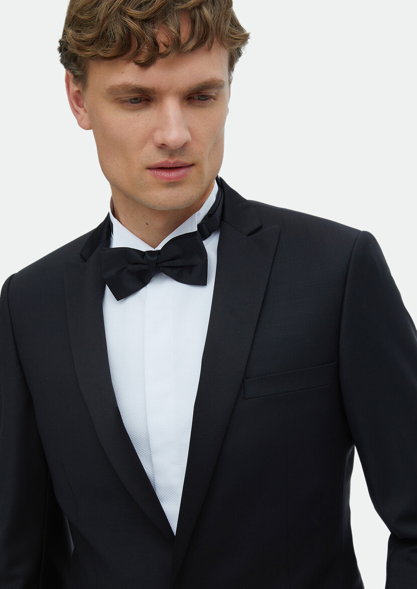 Black Plain Fashion Slim Fit Double Breasted Collar Weaving Tuxedo - 4