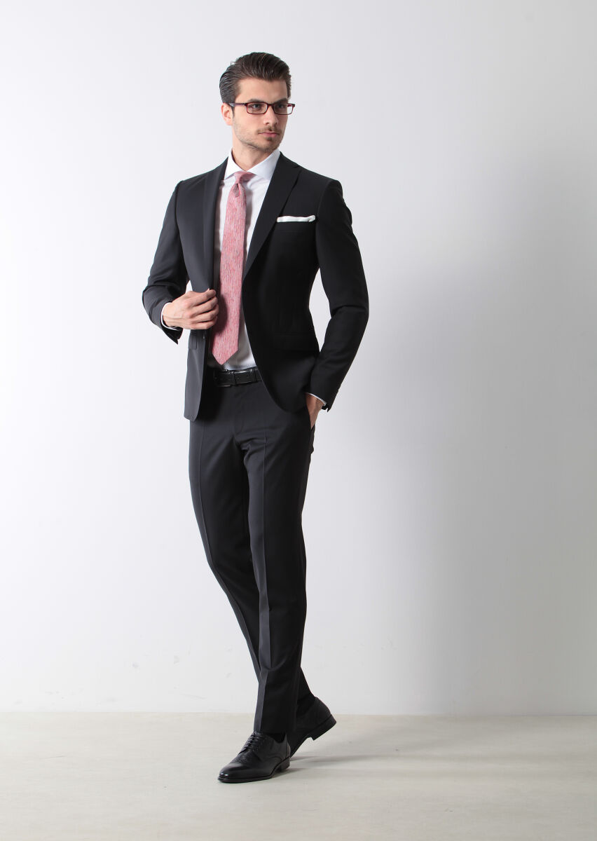 Black Plain Fashion Slim Fit Wool Blended Suit - 3