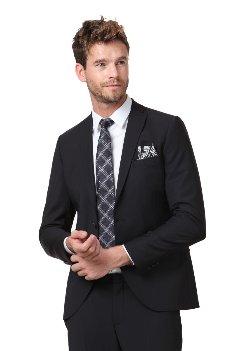 Black Plain Fashion Slim Fit Wool Blended Suit - 1