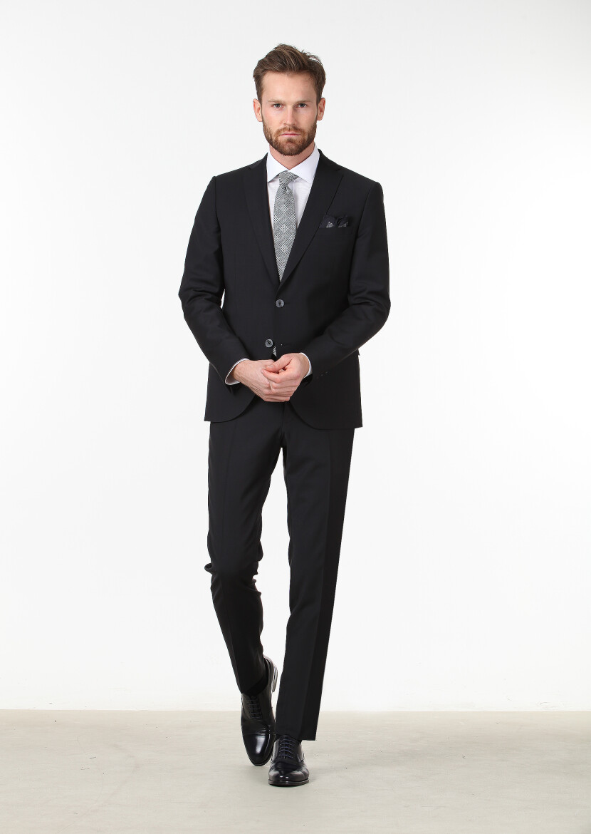 Black Plain Fashion Slim Fit Wool Blended Suit - 2