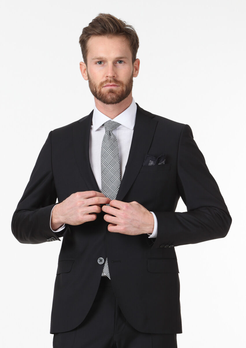 Black Plain Fashion Slim Fit Wool Blended Suit - 3