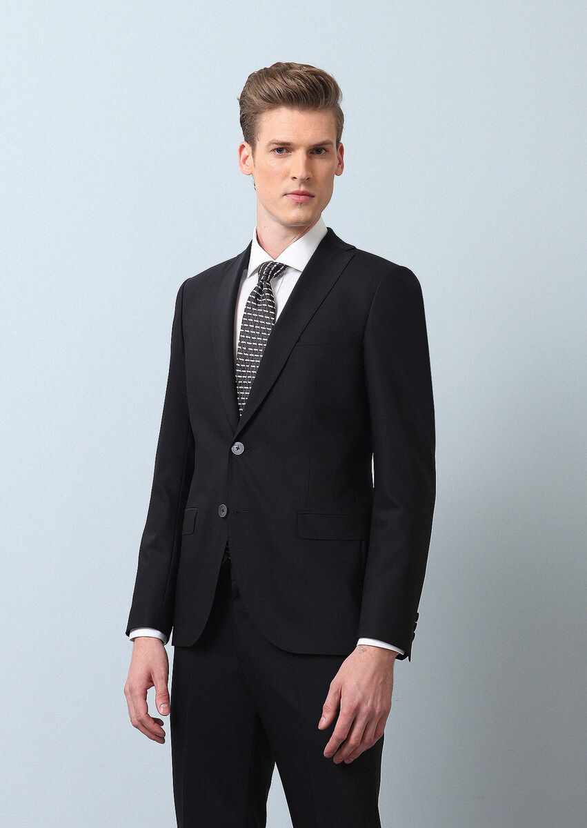 Black Plain Fashion Slim Fit Wool Blended Suit - 2