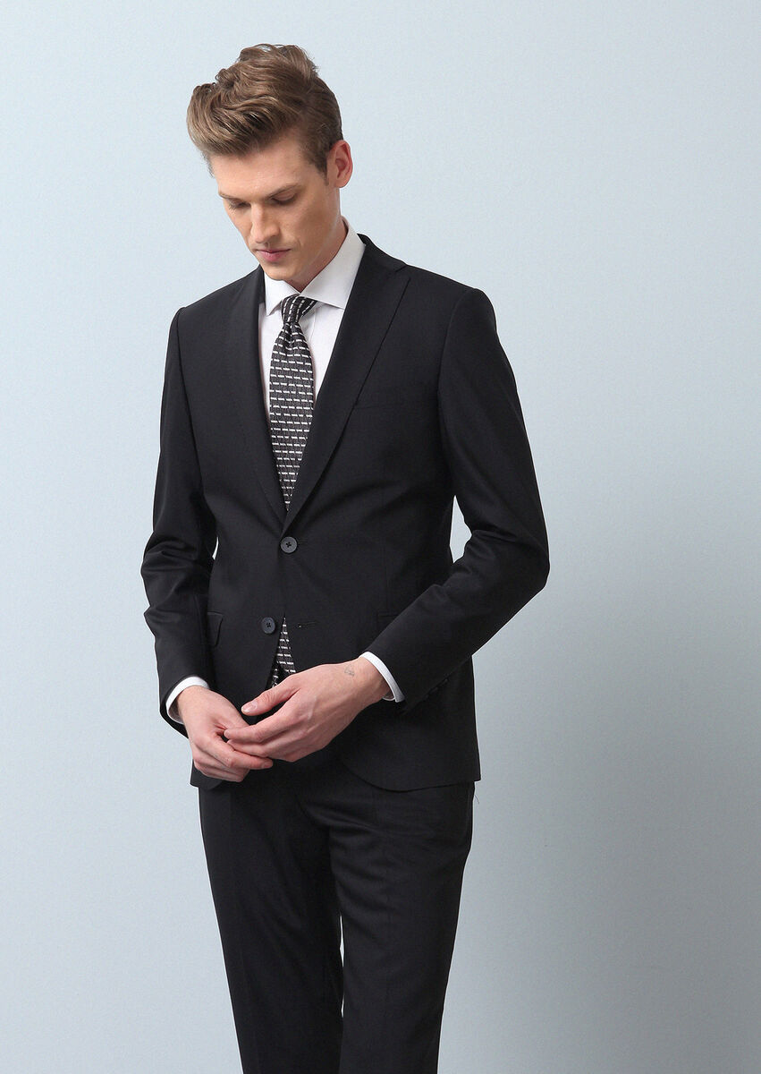 Black Plain Fashion Slim Fit Wool Blended Suit - 4