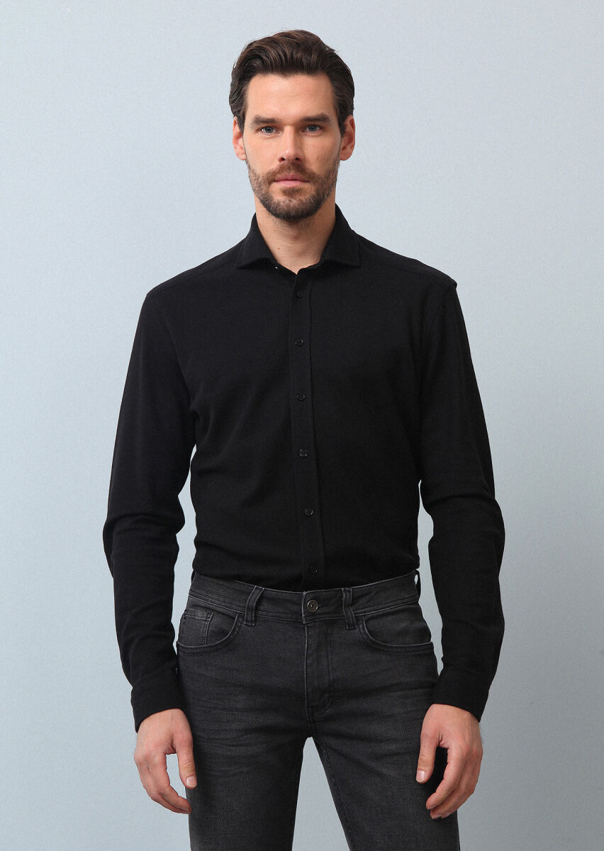 Black Plain Fitted Fit Long Knitting Casual 100% Cotton Shirt - 1