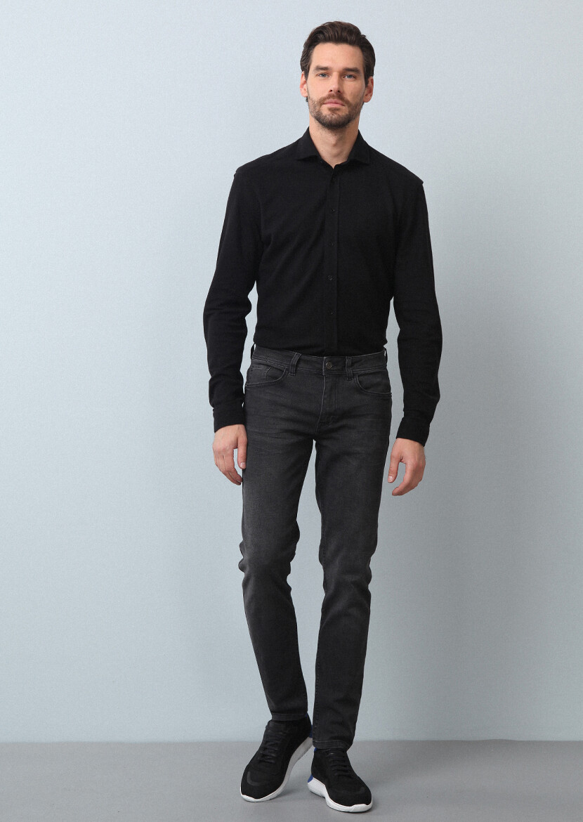 Black Plain Fitted Fit Long Knitting Casual 100% Cotton Shirt - 3