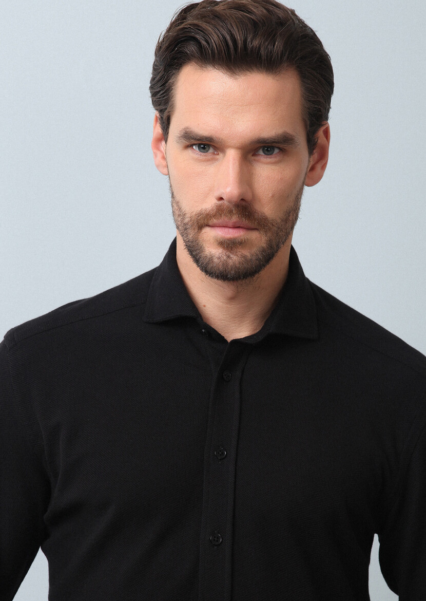 Black Plain Fitted Fit Long Knitting Casual 100% Cotton Shirt - 4