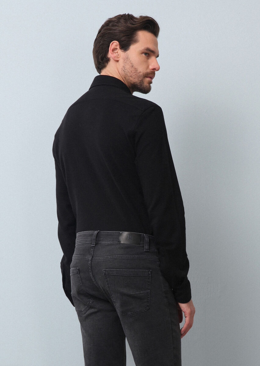 Black Plain Fitted Fit Long Knitting Casual 100% Cotton Shirt - 5