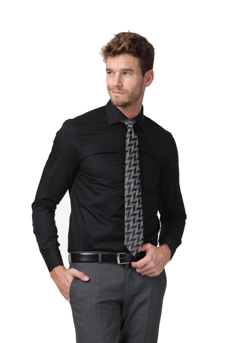 Black Plain Fitted Fit Weaving Classical Cotton Blended Shirt 