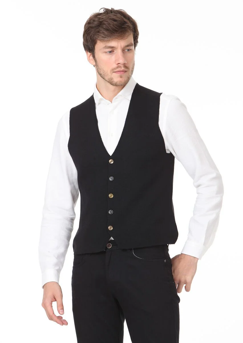 Black Plain Knitting Knit Vest - 2