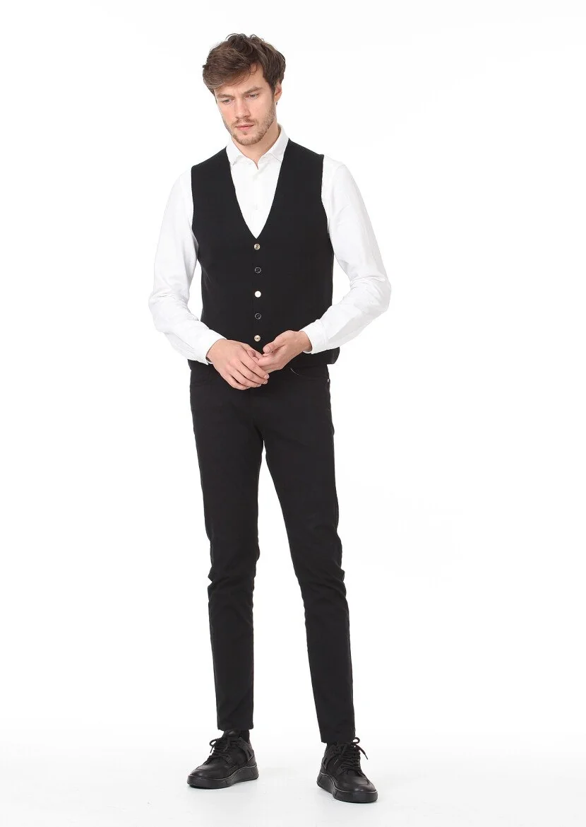 Black Plain Knitting Knit Vest - 3