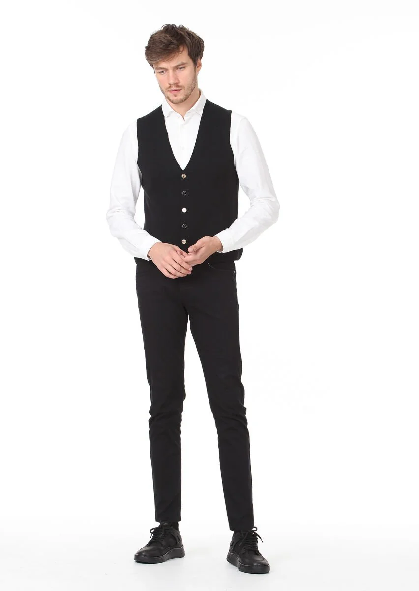 Black Plain Knitting Knit Vest - 3