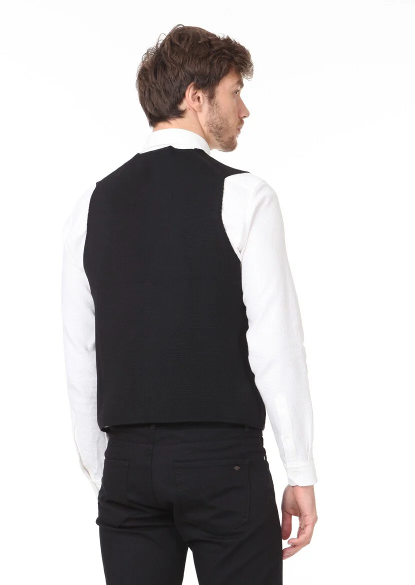 Black Plain Knitting Knit Vest - 4
