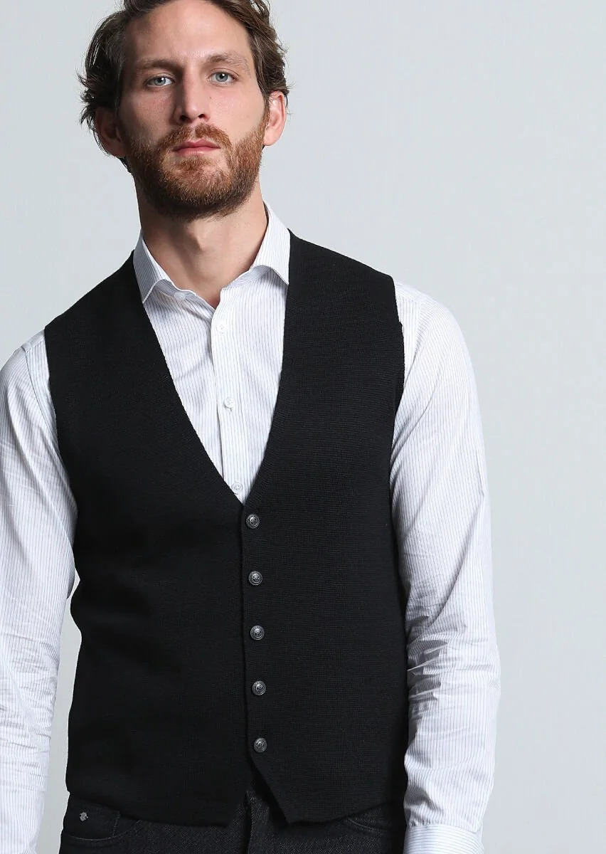 Black Plain Knitting Knit Vest - 2