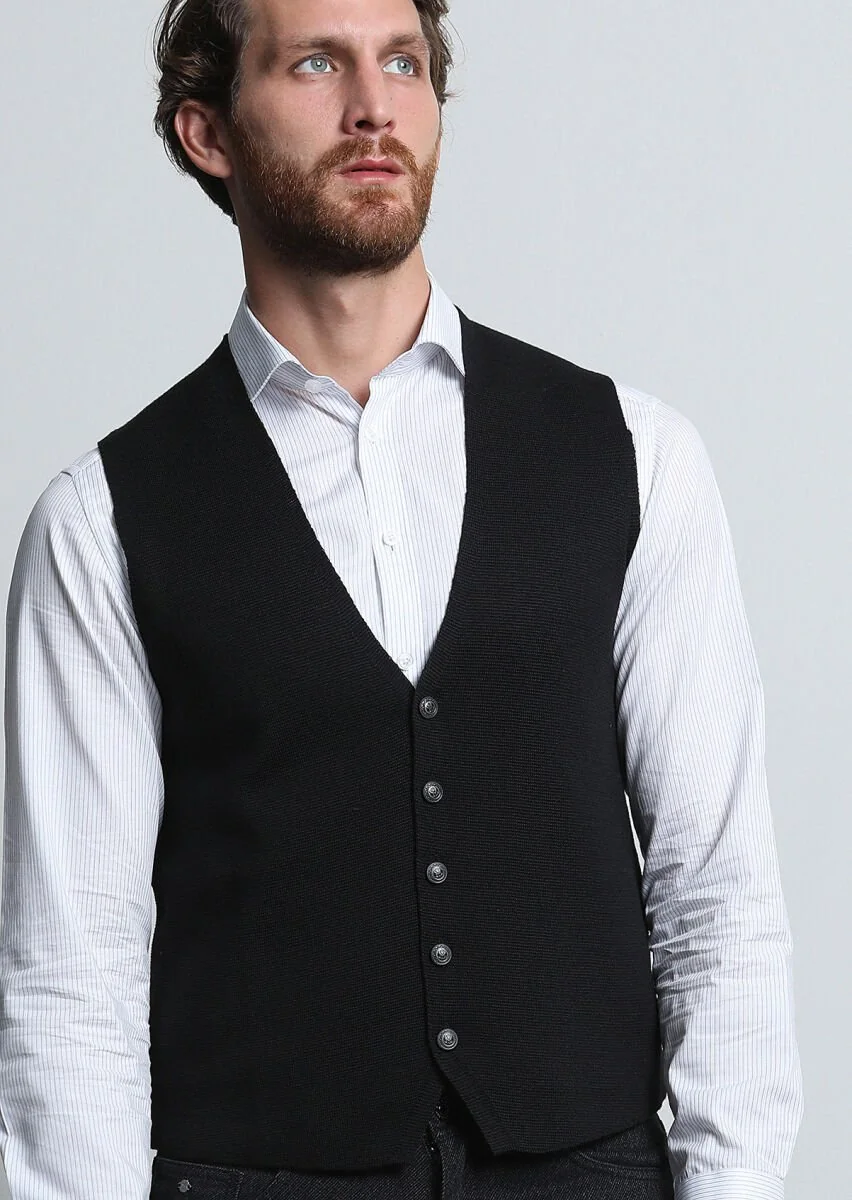 Black Plain Knitting Knit Vest - 3
