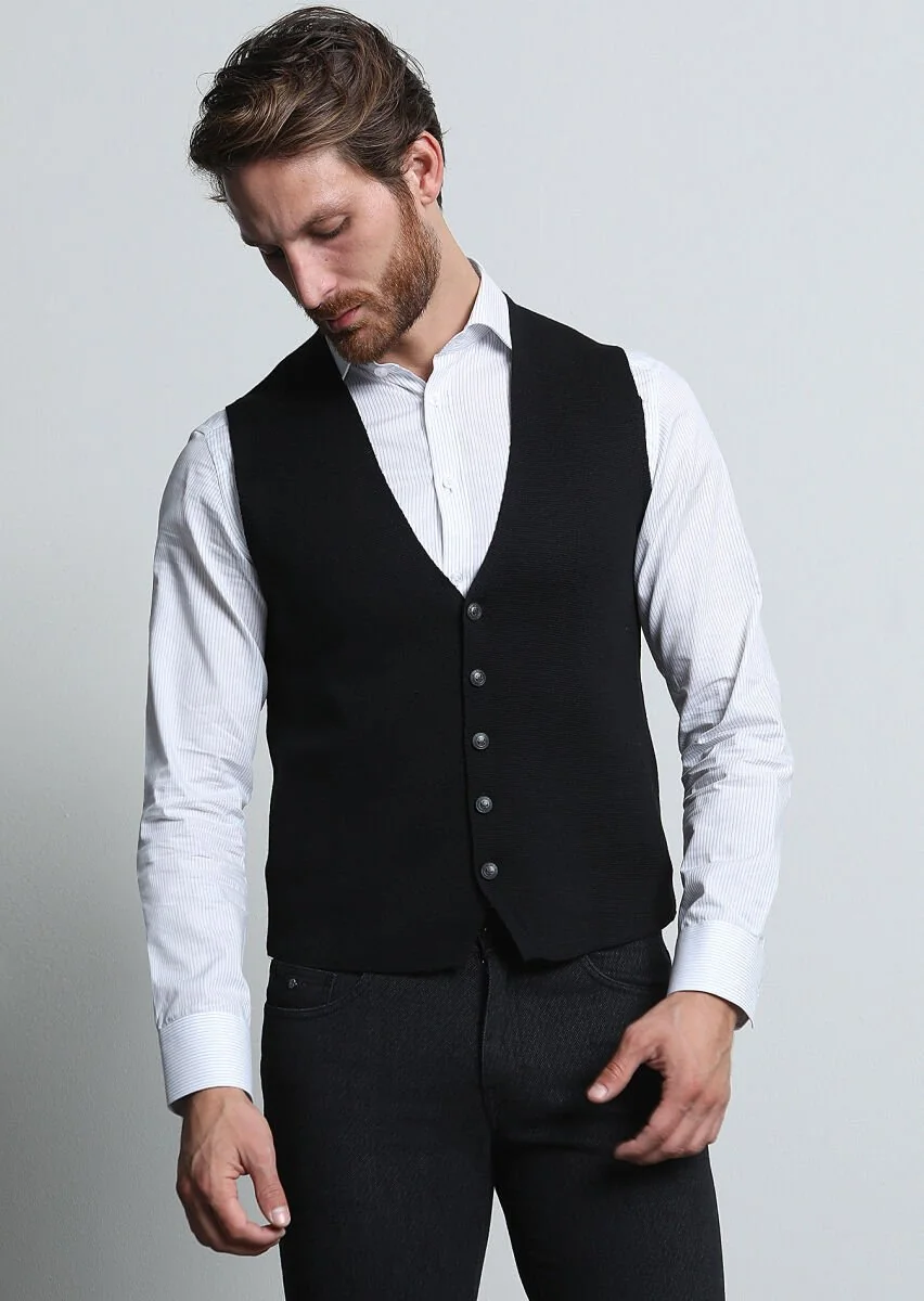 Black Plain Knitting Knit Vest - 4