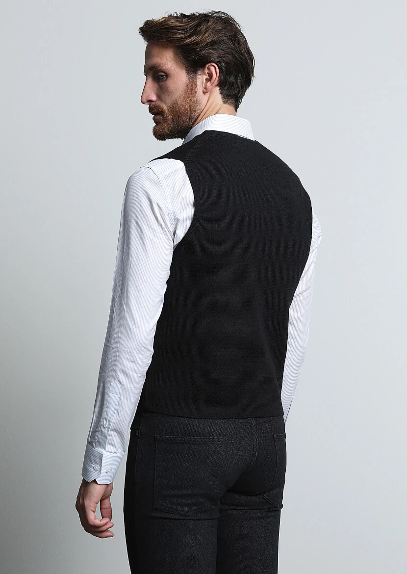 Black Plain Knitting Knit Vest - 5