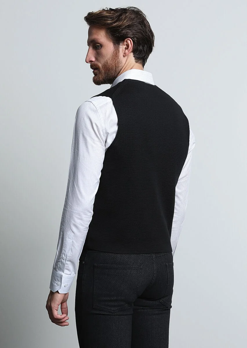Black Plain Knitting Knit Vest - 5