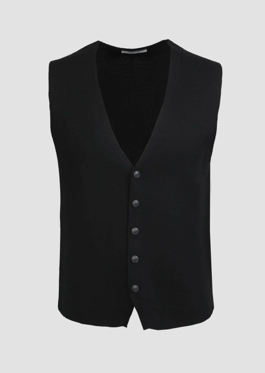 Black Plain Knitting Knit Vest - 6