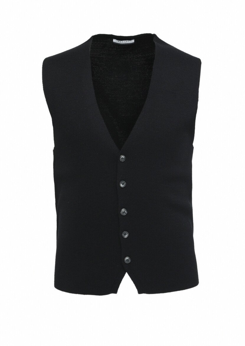 Black Plain Knitting Knit Vest - 1