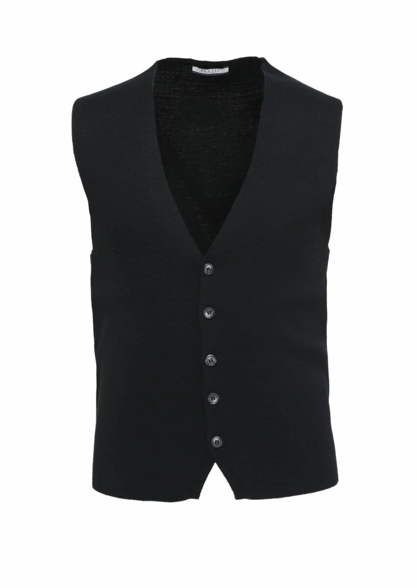 Black Plain Knitting Knit Vest - 1