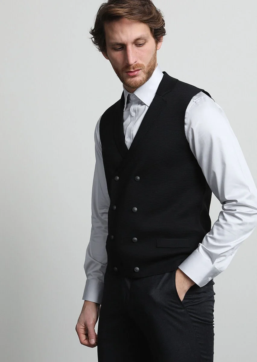 Black Plain Knitting Knit Vest - 3