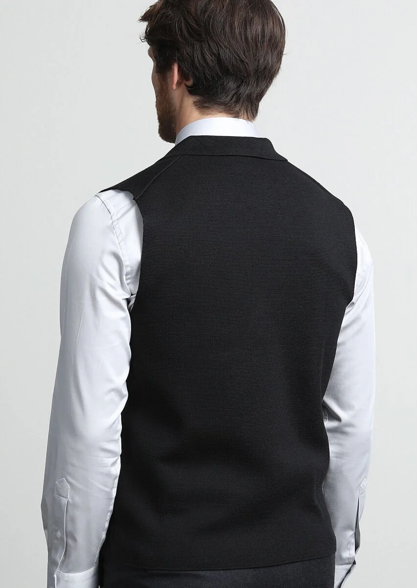 Black Plain Knitting Knit Vest - 4